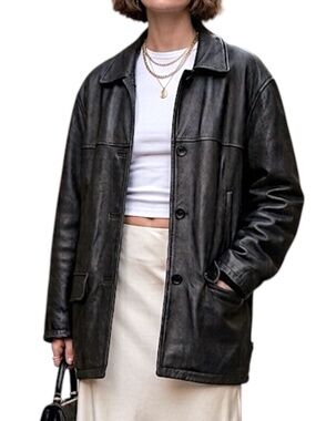 90s Y2K oversized Canadian made worn in distressed boxy black leather coat S